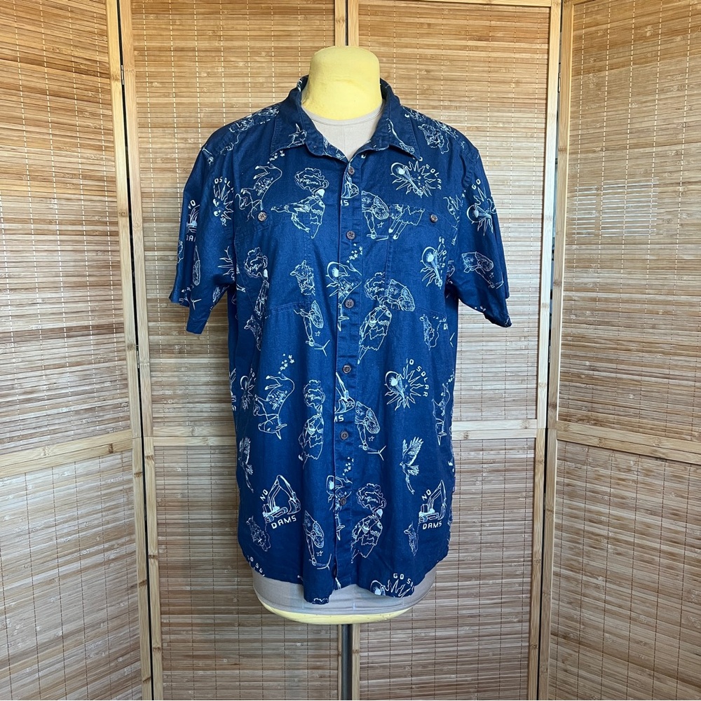 Patagonia Button Down Shirt Hemp Organic Cotton Men's Large Blue Navy Go Solar - Picture 2 of 13